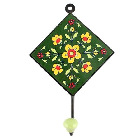 Forest Green Tiny Flower Ceramic Tile Hook 